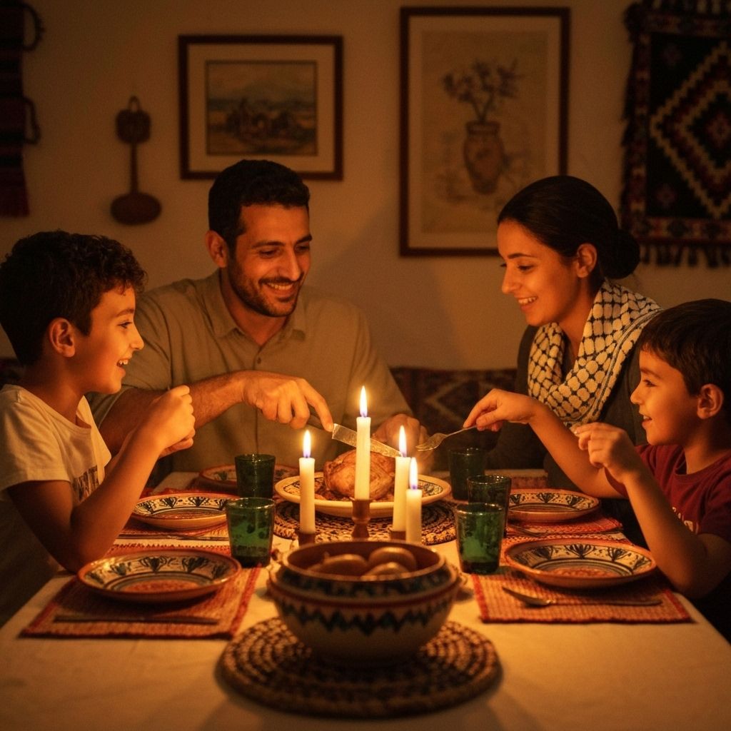 Palestinian family sharing a meal together